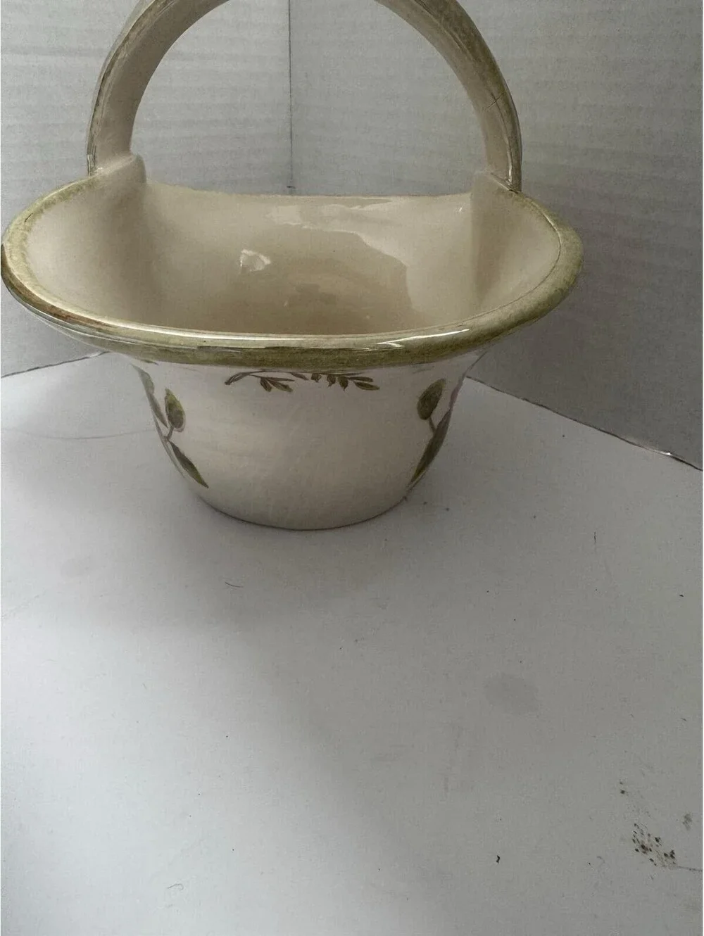 Vintage Ceramic Floral Basket Vase — Pink Roses & Iridescent Luster Glaze
